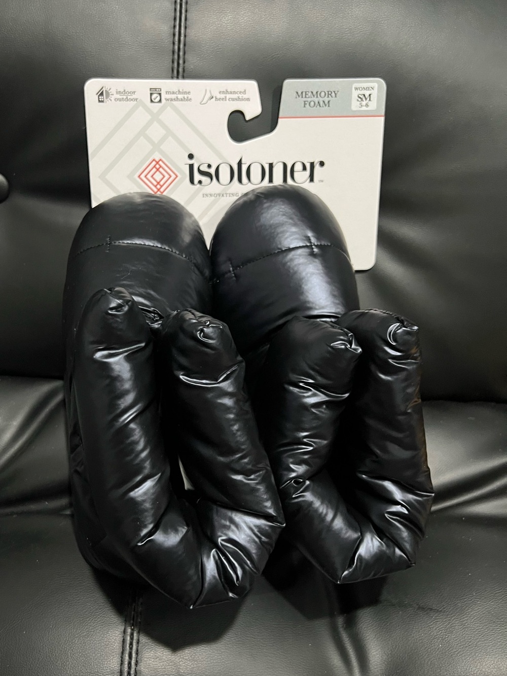 isotoner Black Women's Slip-On Puffer Slippers